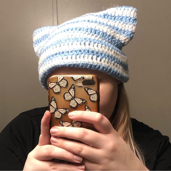 Light Blue and White Crochet Cat Ear Beanie - Picture 3 of 4